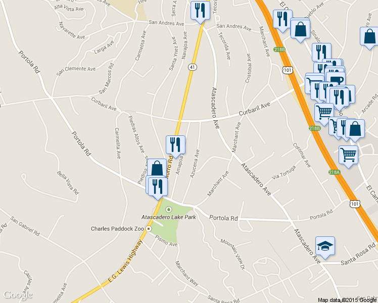 map of restaurants, bars, coffee shops, grocery stores, and more near 8315 Amapoa Avenue in Atascadero