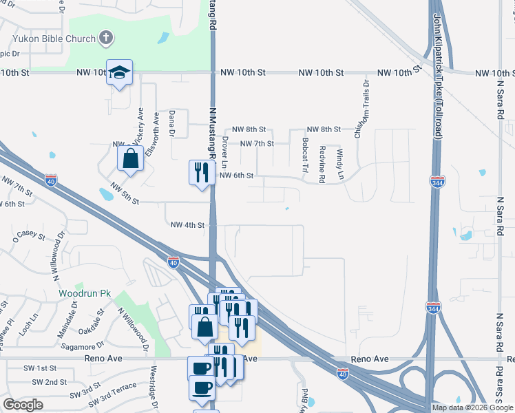 map of restaurants, bars, coffee shops, grocery stores, and more near 11212 Northwest 5th Terrace in Yukon