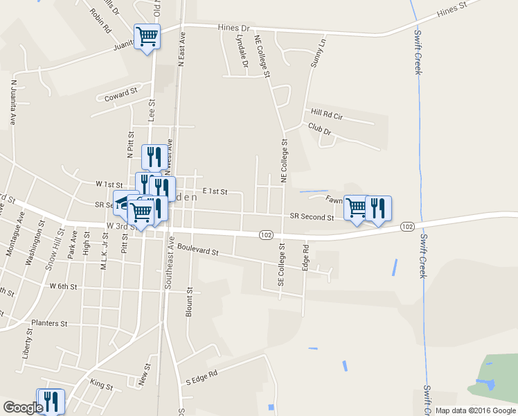 map of restaurants, bars, coffee shops, grocery stores, and more near 4159 West College Street in Ayden