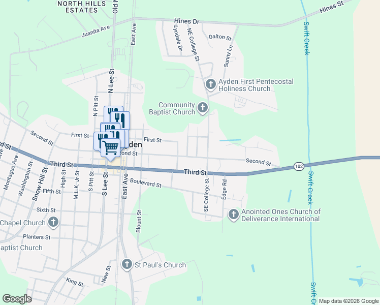 map of restaurants, bars, coffee shops, grocery stores, and more near 4159 W College St in Ayden