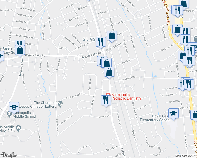 map of restaurants, bars, coffee shops, grocery stores, and more near 1444 Matthew Allen Circle in Kannapolis