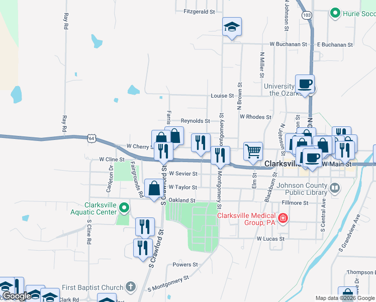 map of restaurants, bars, coffee shops, grocery stores, and more near 1201-1399 West Cherry Street in Clarksville