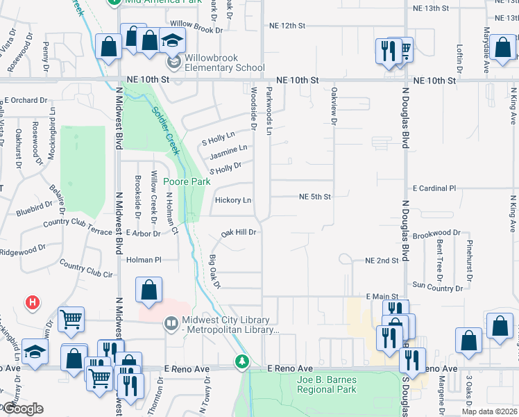 map of restaurants, bars, coffee shops, grocery stores, and more near 3404 Woodside Drive in Midwest City