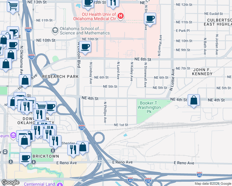 map of restaurants, bars, coffee shops, grocery stores, and more near 512 North Laird Avenue in Oklahoma City