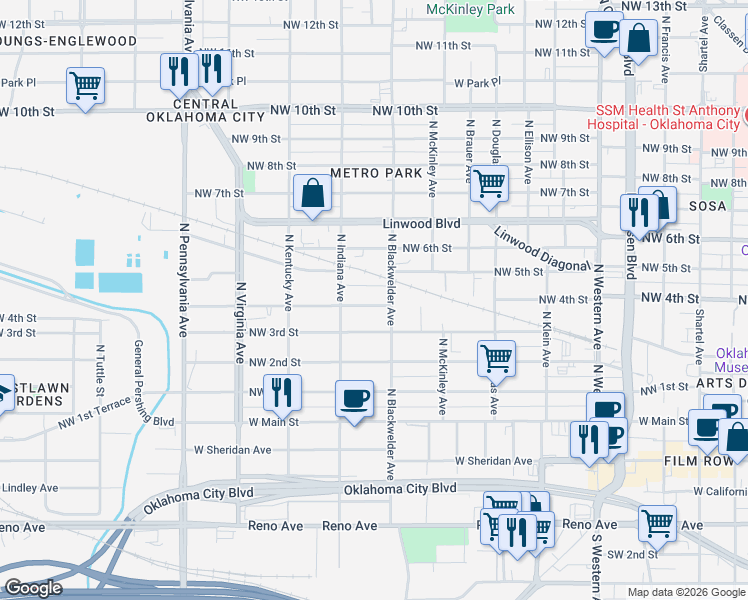 map of restaurants, bars, coffee shops, grocery stores, and more near 1501 Northwest 4th Street in Oklahoma City