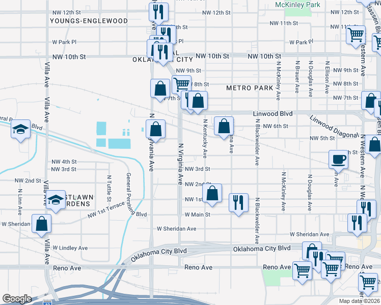 map of restaurants, bars, coffee shops, grocery stores, and more near 1729 Northwest 4th Street in Oklahoma City