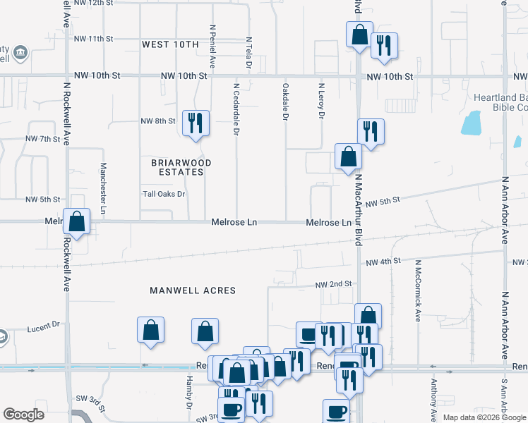 map of restaurants, bars, coffee shops, grocery stores, and more near 6345 1/2 Melrose Lane in Oklahoma City