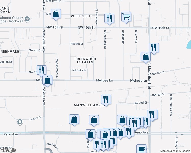 map of restaurants, bars, coffee shops, grocery stores, and more near 6525 Melrose Lane in Oklahoma City