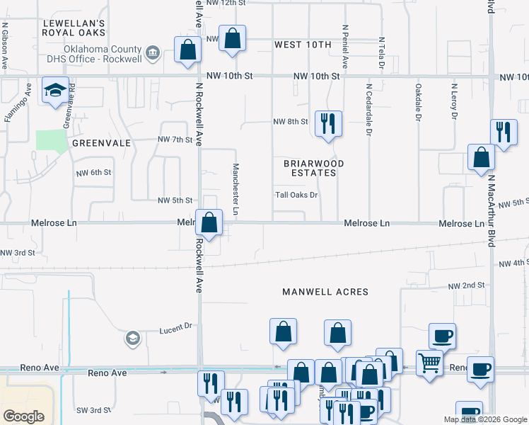 map of restaurants, bars, coffee shops, grocery stores, and more near 6736 Cherry Place in Oklahoma City