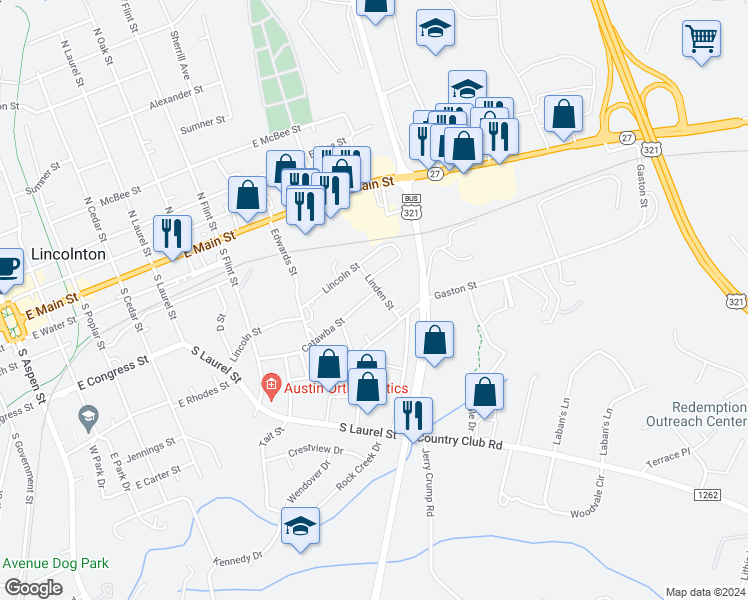 map of restaurants, bars, coffee shops, grocery stores, and more near 1032 Catawba Street in Lincolnton
