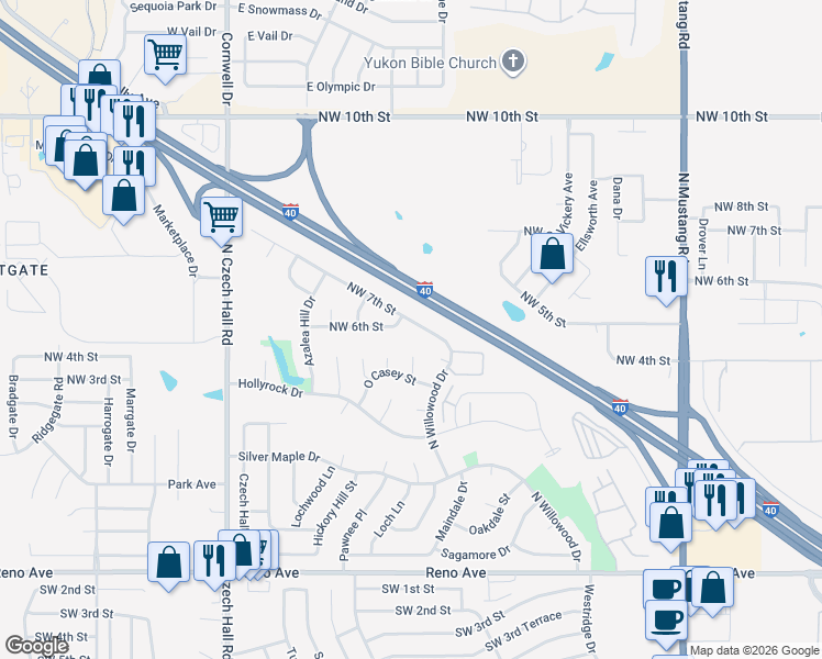 map of restaurants, bars, coffee shops, grocery stores, and more near 11808 Northwest 7th Street in Yukon