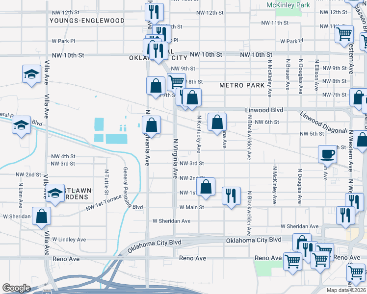 map of restaurants, bars, coffee shops, grocery stores, and more near 1729 Northwest 4th Street in Oklahoma City