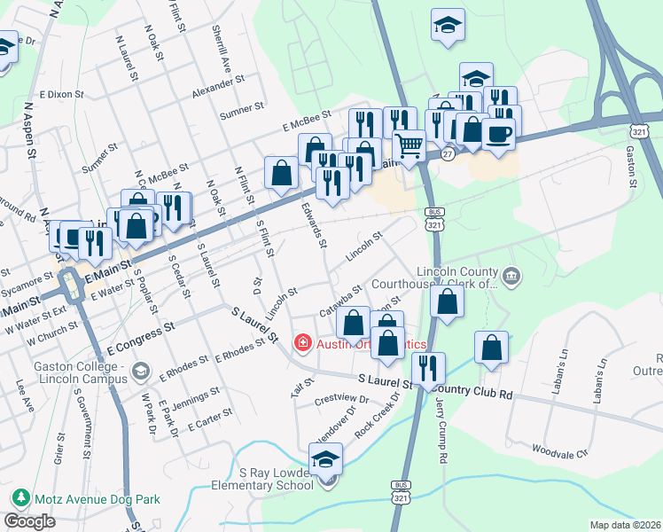 map of restaurants, bars, coffee shops, grocery stores, and more near 413 Edwards Street in Lincolnton