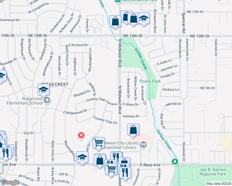 map of restaurants, bars, coffee shops, grocery stores, and more near 701 Leisure Drive in Midwest City