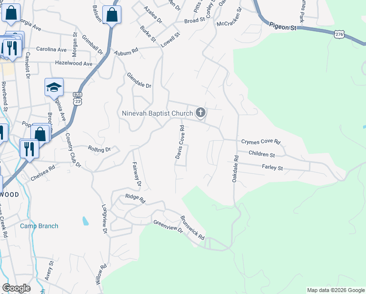 map of restaurants, bars, coffee shops, grocery stores, and more near 131 Davis Cove Road in Waynesville