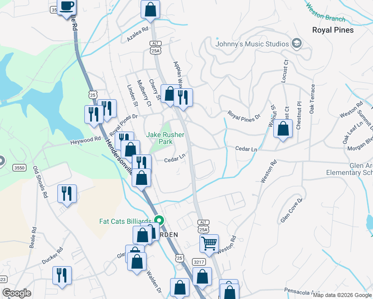 map of restaurants, bars, coffee shops, grocery stores, and more near 157 Cedar Lane in Arden