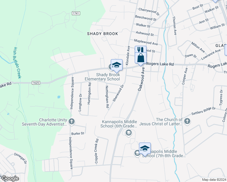 map of restaurants, bars, coffee shops, grocery stores, and more near 1004 Little John Trail in Kannapolis