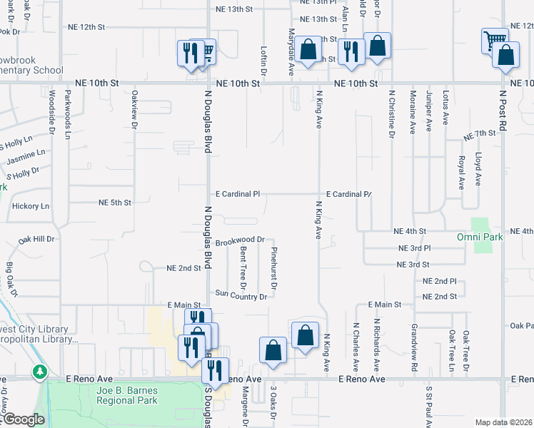 map of restaurants, bars, coffee shops, grocery stores, and more near 9108 East Cardinal Place in Midwest City