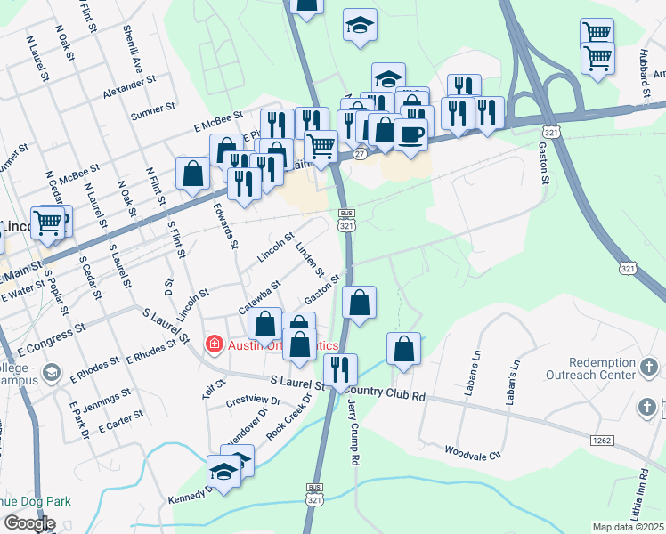 map of restaurants, bars, coffee shops, grocery stores, and more near 1117 Gaston Street in Lincolnton