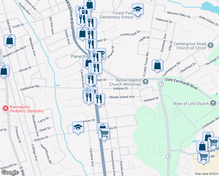 map of restaurants, bars, coffee shops, grocery stores, and more near 909 Indiana Street in Kannapolis