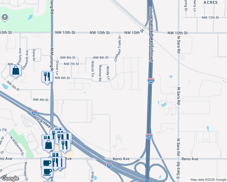 map of restaurants, bars, coffee shops, grocery stores, and more near 609 Windy Lane in Yukon