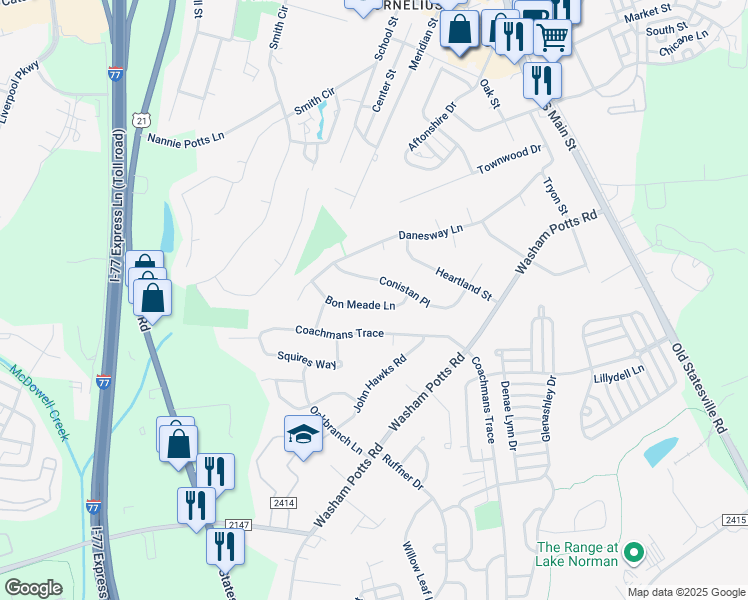map of restaurants, bars, coffee shops, grocery stores, and more near 10301 Bon Meade Lane in Cornelius