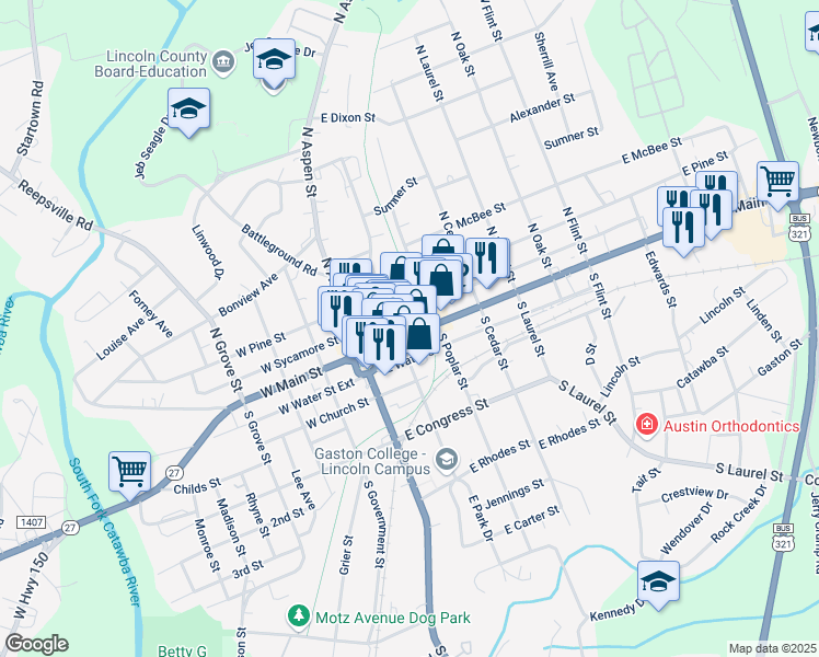 map of restaurants, bars, coffee shops, grocery stores, and more near 201 East Main Street in Lincolnton