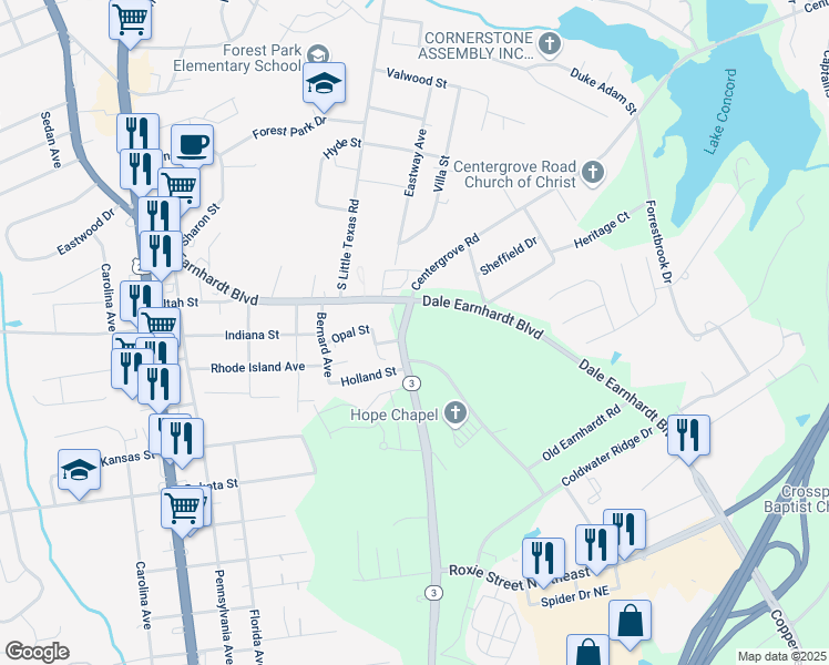 map of restaurants, bars, coffee shops, grocery stores, and more near 1607 Concord Lake Road in Kannapolis