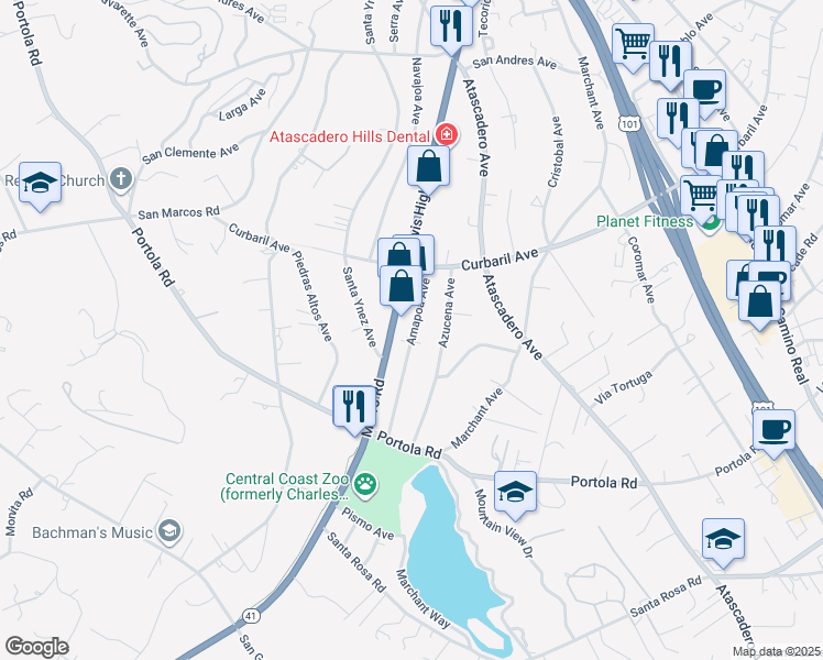 map of restaurants, bars, coffee shops, grocery stores, and more near 8315 Amapoa Avenue in Atascadero