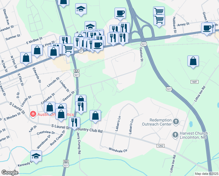 map of restaurants, bars, coffee shops, grocery stores, and more near 1410 Gaston Street in Lincolnton