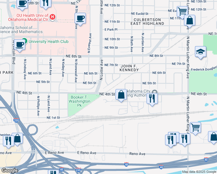 map of restaurants, bars, coffee shops, grocery stores, and more near 509 North Kate Avenue in Oklahoma City