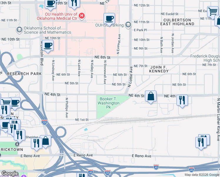 map of restaurants, bars, coffee shops, grocery stores, and more near 1113 Northeast 5th Terrace in Oklahoma City