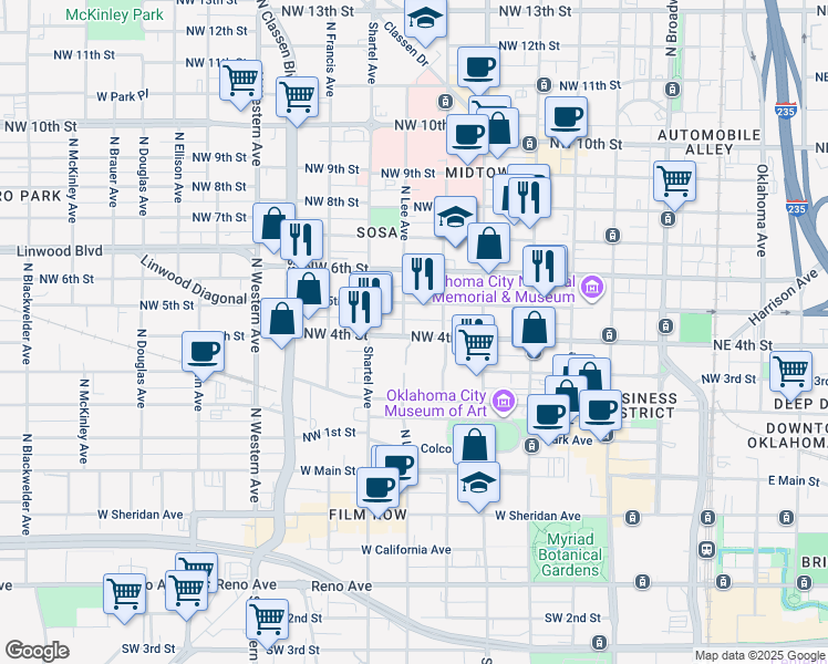 map of restaurants, bars, coffee shops, grocery stores, and more near 641 Northwest 4th Street in Oklahoma City