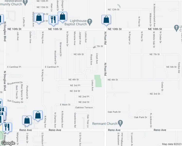 map of restaurants, bars, coffee shops, grocery stores, and more near 9812 Northeast 5th Street in Midwest City