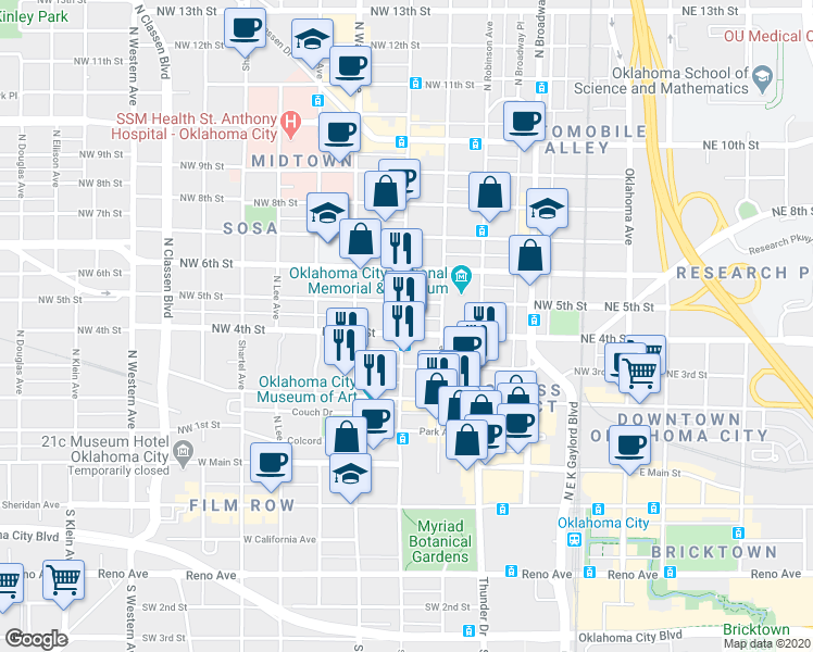 map of restaurants, bars, coffee shops, grocery stores, and more near 412n North Hudson Avenue in Oklahoma City
