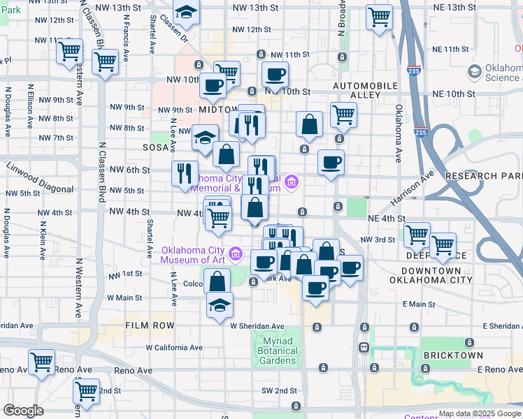 map of restaurants, bars, coffee shops, grocery stores, and more near 412n North Hudson Avenue in Oklahoma City