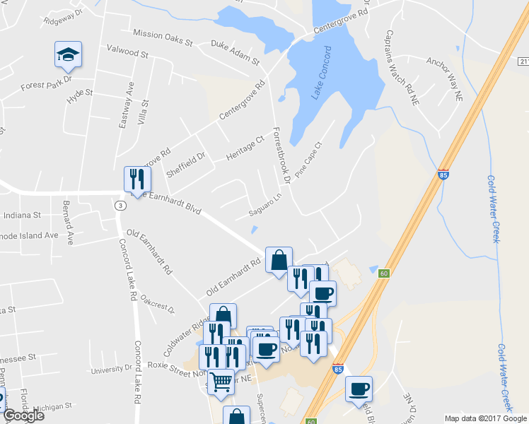 map of restaurants, bars, coffee shops, grocery stores, and more near 2443 Saguaro Lane in Kannapolis