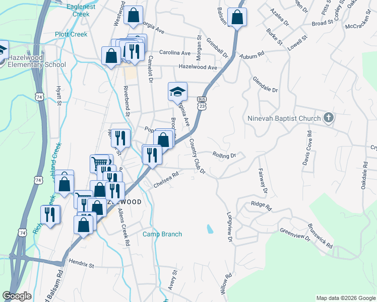 map of restaurants, bars, coffee shops, grocery stores, and more near 3 Bradford Circle in Waynesville