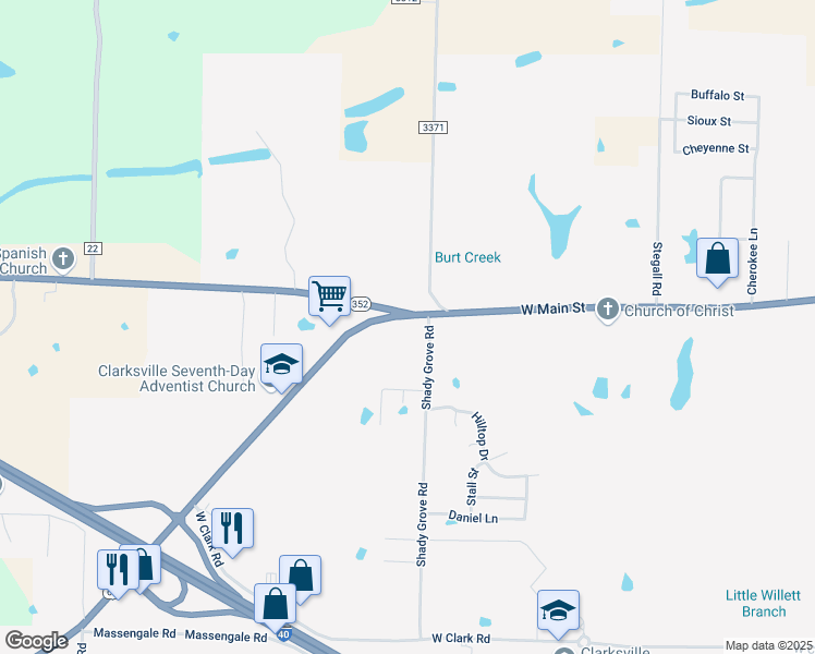 map of restaurants, bars, coffee shops, grocery stores, and more near 2301-2329 West Main Street in Clarksville