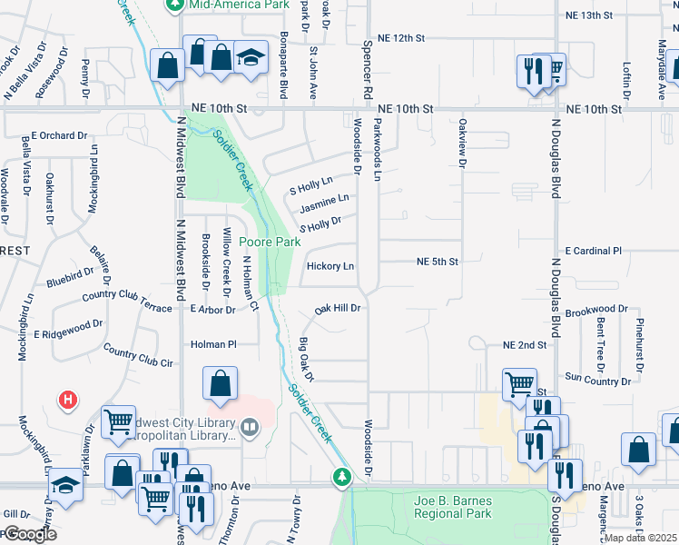 map of restaurants, bars, coffee shops, grocery stores, and more near 1104 Hickory Lane in Midwest City