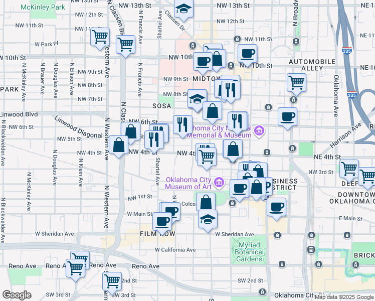 map of restaurants, bars, coffee shops, grocery stores, and more near 8 Northwest 4th Street in Oklahoma City