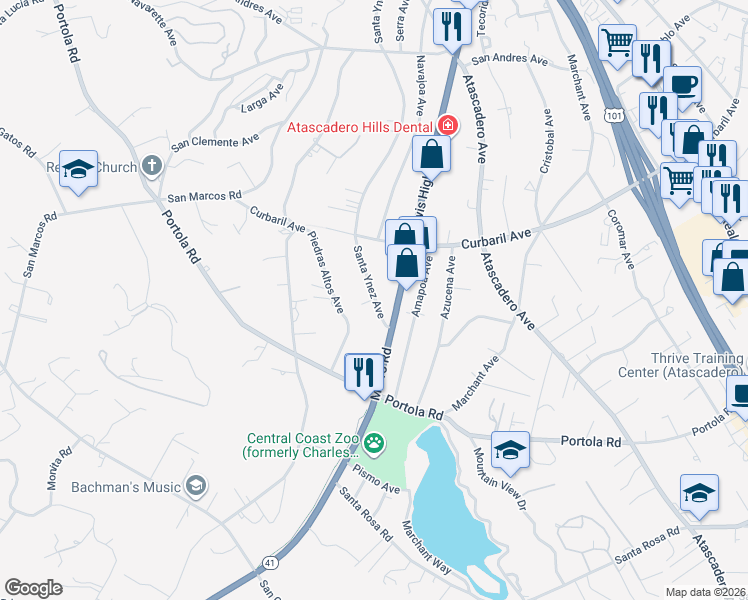 map of restaurants, bars, coffee shops, grocery stores, and more near 8364 Santa Ynez Avenue in Atascadero