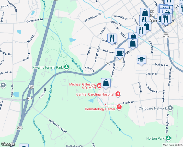 map of restaurants, bars, coffee shops, grocery stores, and more near 101 Wicker Street in Sanford