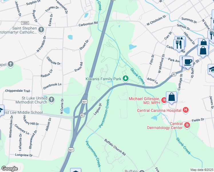 map of restaurants, bars, coffee shops, grocery stores, and more near 222 High Ridge Drive in Sanford