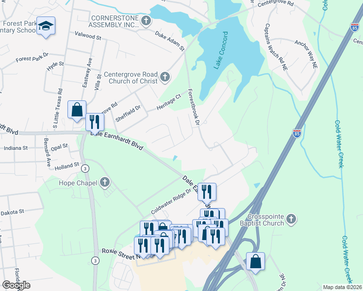 map of restaurants, bars, coffee shops, grocery stores, and more near 2443 Saguaro Lane in Kannapolis