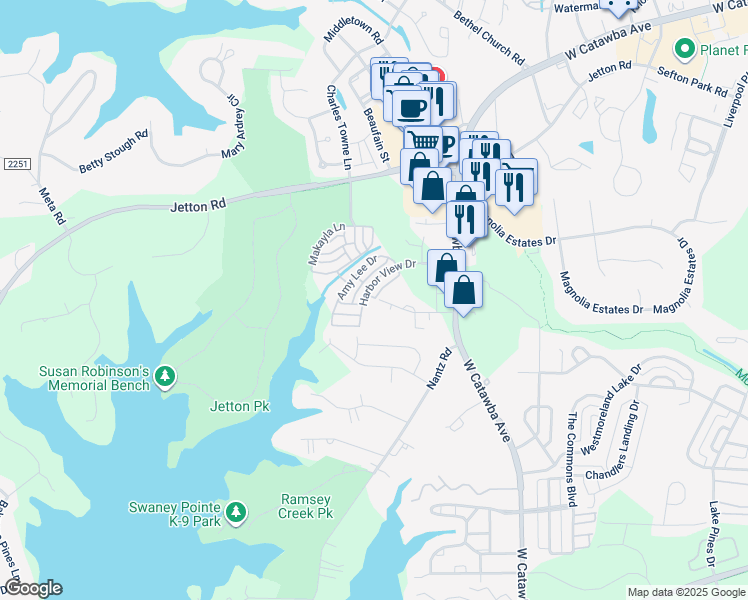 map of restaurants, bars, coffee shops, grocery stores, and more near 800 H M Junker Drive in Cornelius