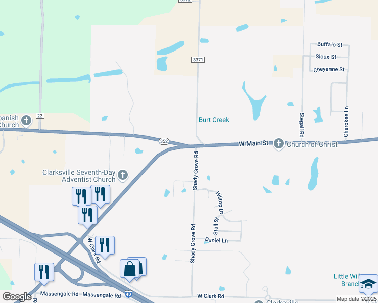 map of restaurants, bars, coffee shops, grocery stores, and more near 2301-2329 West Main Street in Clarksville