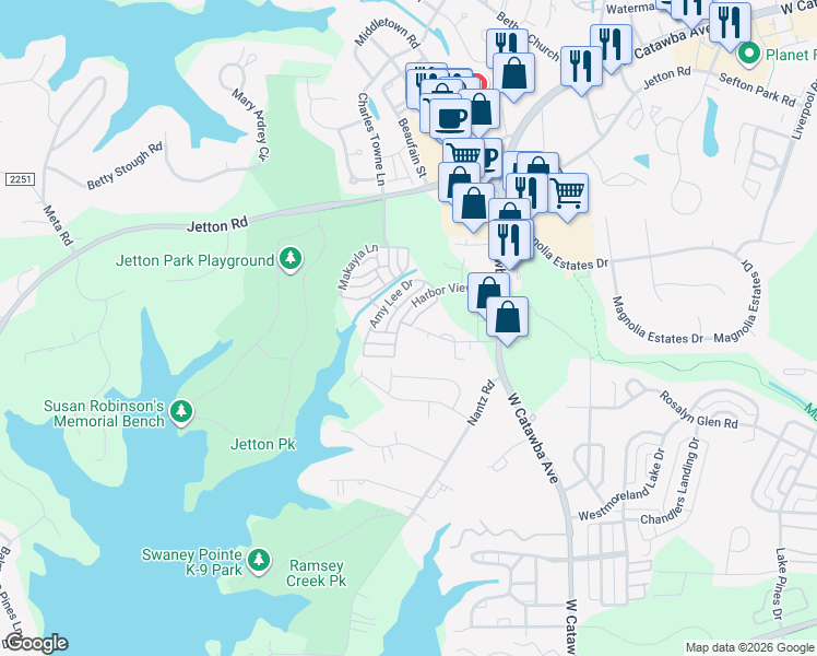 map of restaurants, bars, coffee shops, grocery stores, and more near 800 H M Junker Drive in Cornelius