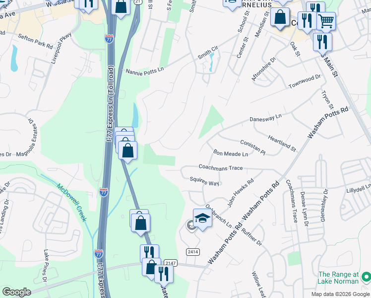 map of restaurants, bars, coffee shops, grocery stores, and more near 10203 Danesway Lane in Cornelius