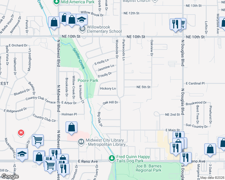 map of restaurants, bars, coffee shops, grocery stores, and more near 1108 Hickory Lane in Midwest City